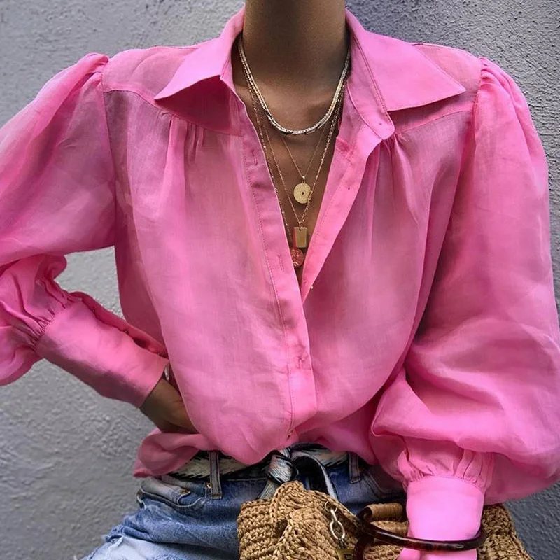 Повседневная свободная кнопка фонарь рукав женские топы элегантные офисные