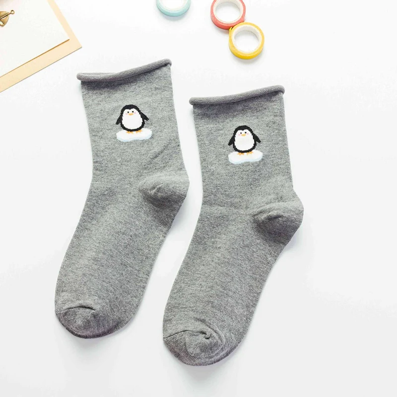 Gray Penguin Милые носки с рисунками животных, фламинго, пингвин, жираф, енот, альпака, обжимные носки, мягкие свободные носки - Цвет: Gray Penguin