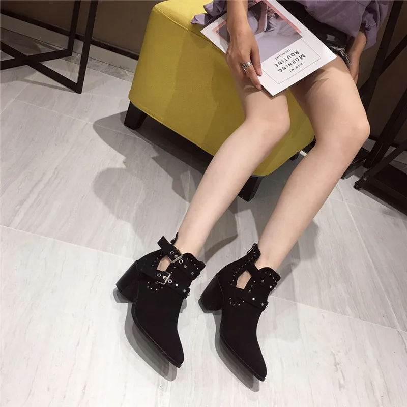 

NIUFUNI 2019 New Autumn Shoes Woman Pointed Toe Suede Ankle Boots Women Chunky Heel Zipper Black Bots Mujer Size 35-41