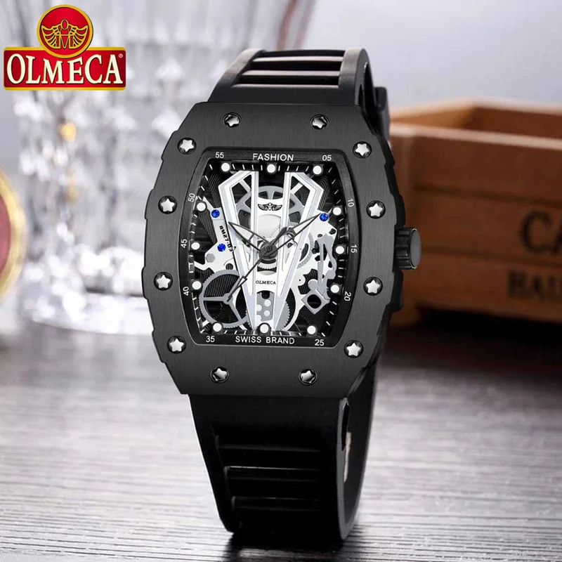 

OLMECA Top Luxury Brand Mens Quartz Watch Military Sports Man Machinery Waterproof Luminous Silicone Male Barrel Type Wristwatch