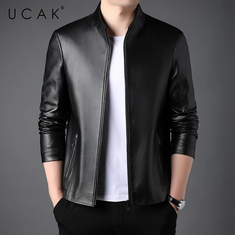 

UCAK Brand Men‘s Spring Autumn New Leather Jackets Clothing Casual Solid Color Zipper 100% Sheepskin Streetwear Jacket Men U8316