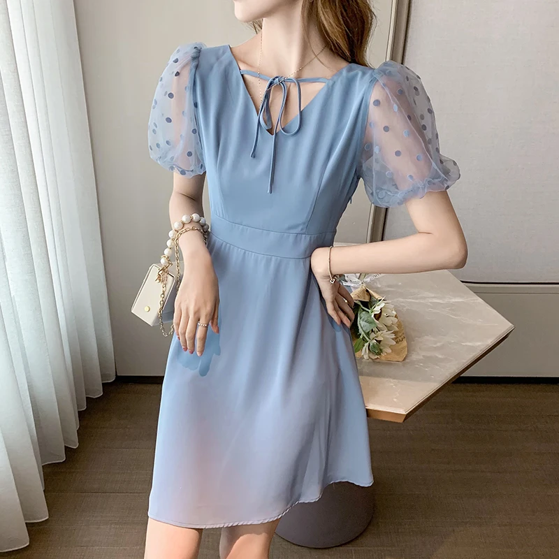 

2022 New Women Pachwork Mesh Polka Dot Mini Dress Summer Korean Black Hepburn Dress Casual Bodycon Elegant Office Lady Sundress
