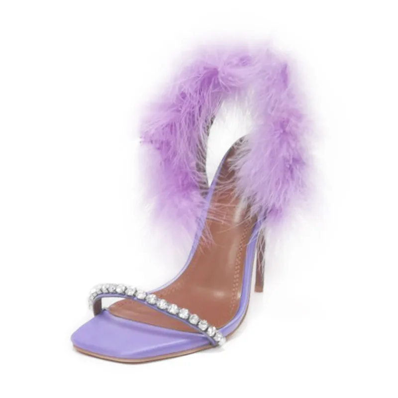 

Feather Banquet Large Size High Heeled Shoes One Line Diamond Buckle Super High Heeled Sandals Peep Toe Sheepskin Night Club