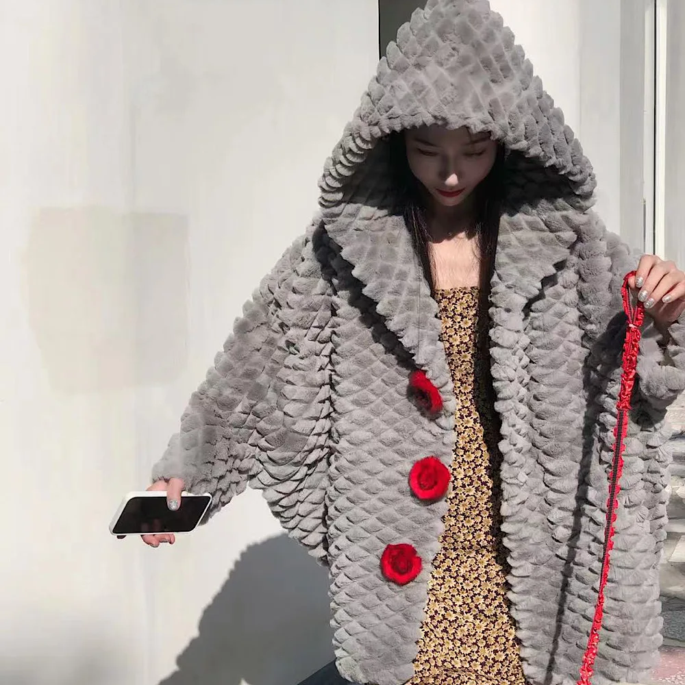 2021New Real Rex Rabbit Fur Coats With Lapel Collar Natural Whole Skin Genuine Loose bat sleeves Rex Rabbit Hooded Fur Overco