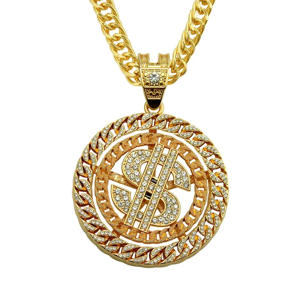 

Hip Hop Rhinestones Paved Bling Iced Out Cuban Chain Round US Dollar Pendants Necklace for Men Rapper Jewelry with 30inch chain