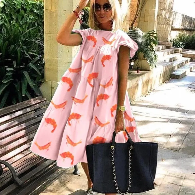 

Women Vintage Floral Print Loose Dress Summer O-neck Petal Short Sleeve Dress Elegant Casual Party Dress Vestido beach boho
