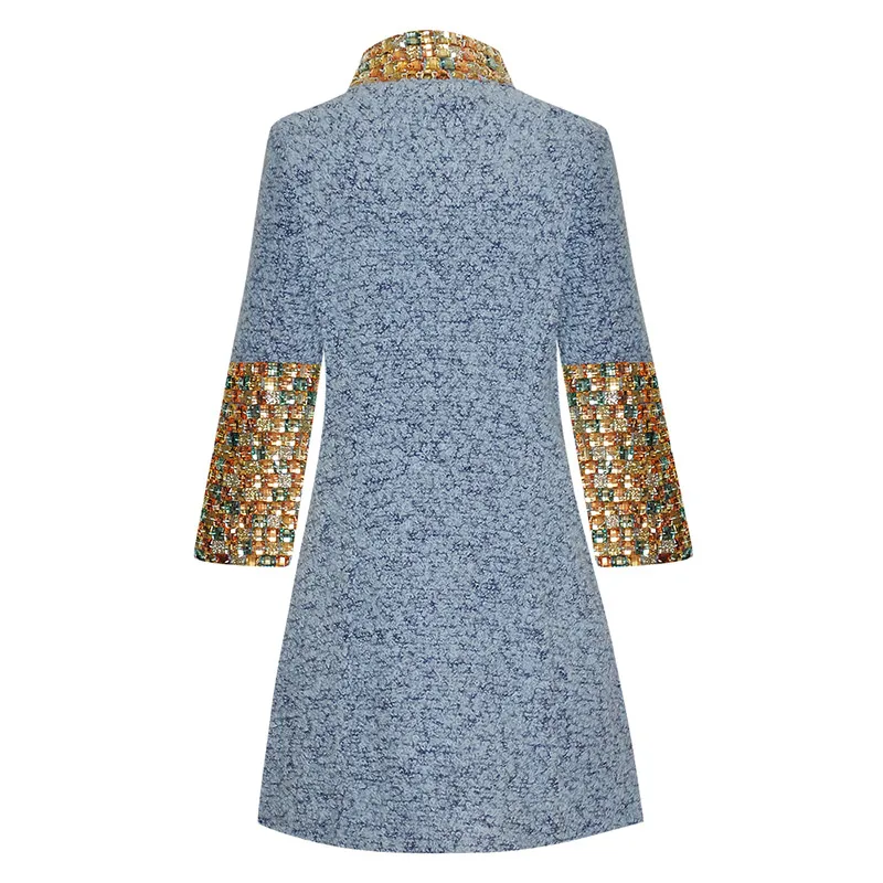 Блестящее синее махровое шерстяное платье стразы с шипами высоким воротником и