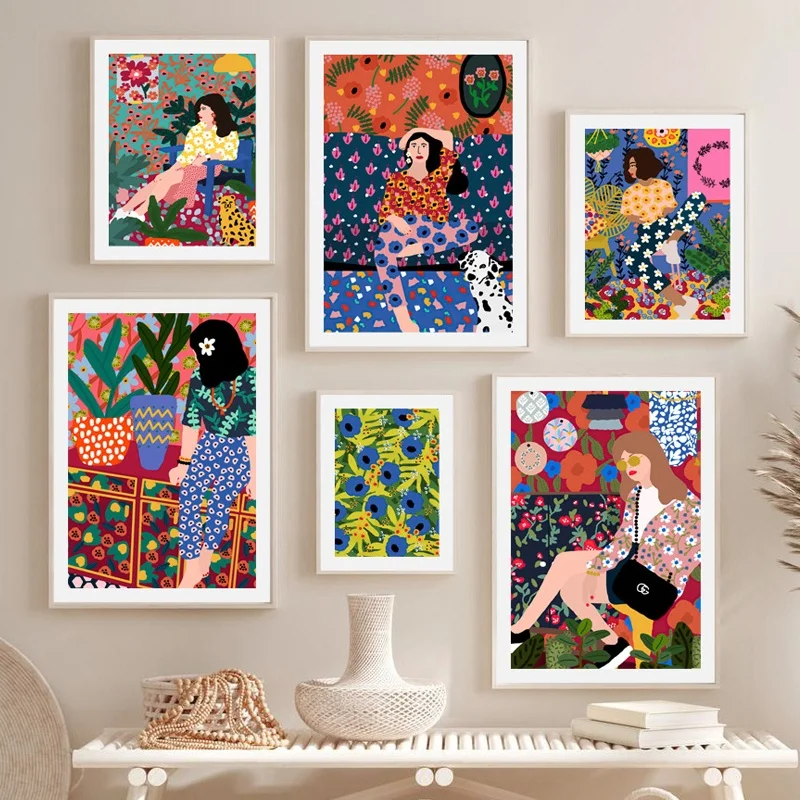 

Vintage Abstract Girl Plant Cactus Flower Wall Art Canvas Painting Nordic Posters And Prints Wall Pictures For Living Room Decor