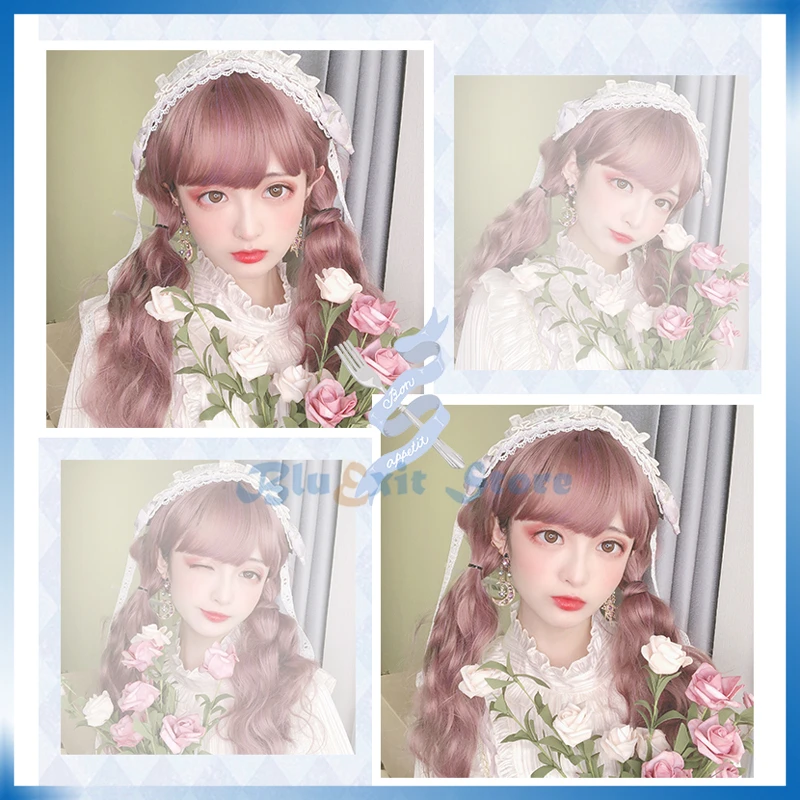 Lolita Harajuku Wig Cosplay Pink Sweet Cute Long Curly Wave Synthetic Hair Adult Girls Headwear | Facial