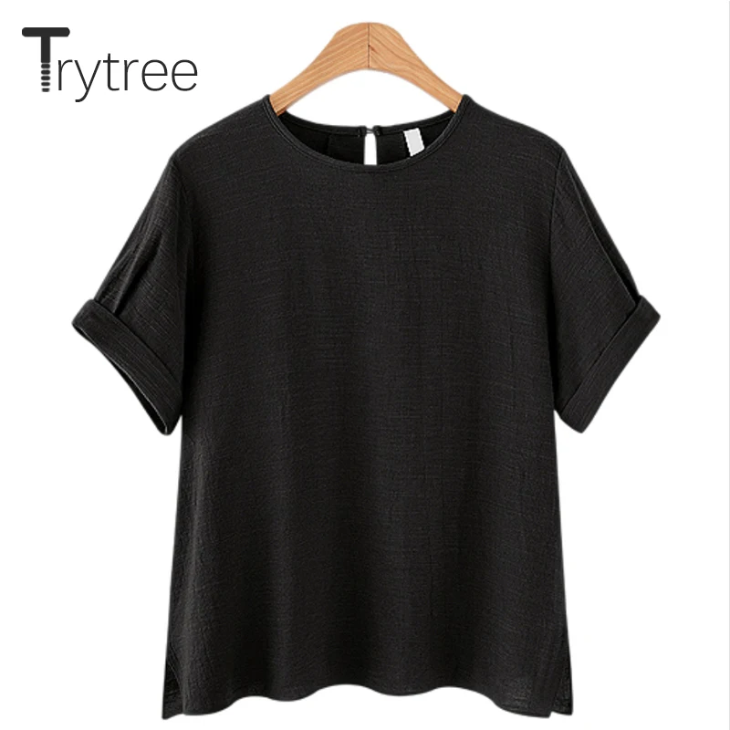 

Trytree 2021 Summer Women T-shirt Casual Solid Cotton Linen O-Neck Button Back Oversize Shirt Loose Tops For Women Dropshipping