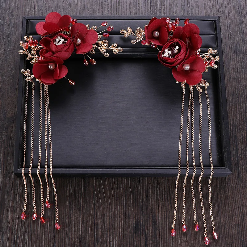 

Red wedding hairpiece with tassel Romantic headdress accessories DH043