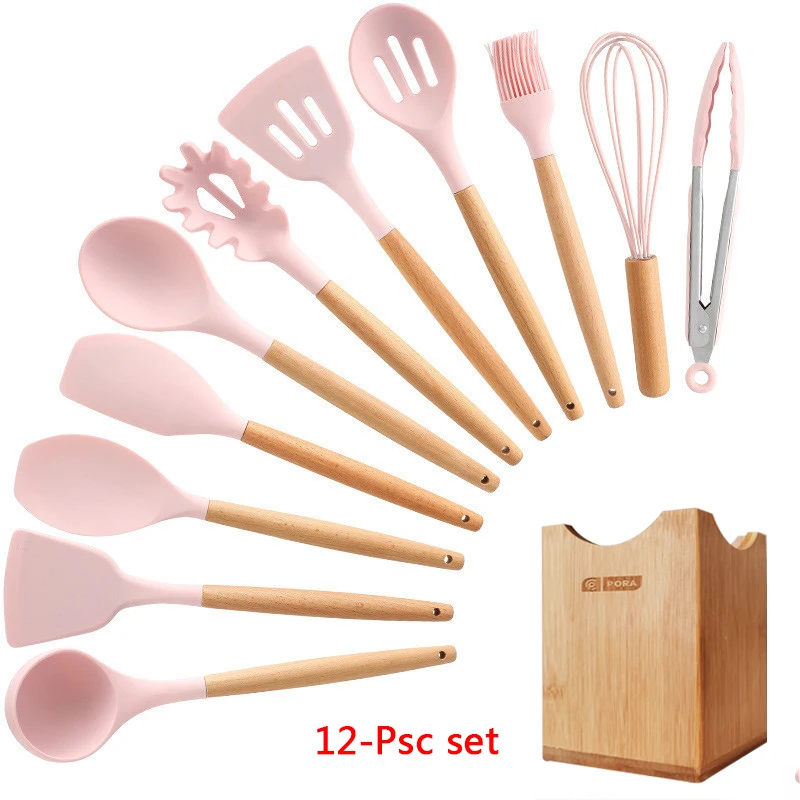 12-Pcs kitchen set 11-13 шт Силиконовая кухонная утварь набор кухонной утвари антипригарный шпатель Премиум деревянная ручка с ящиком для хранения кухонные инструменты - Цвет: 12-Pcs kitchen set