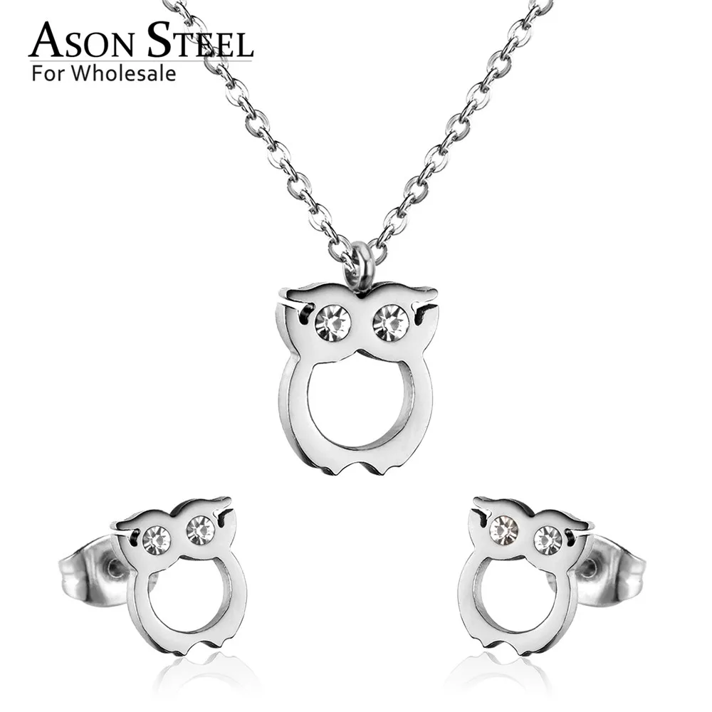 ASONSTEEL, ювелирные наборы с кубическим цирконием в виде совы для женщин/девушек, золото/серебро, кубинская цепочка, модные серьги-гвоздики, колье, бижутерия