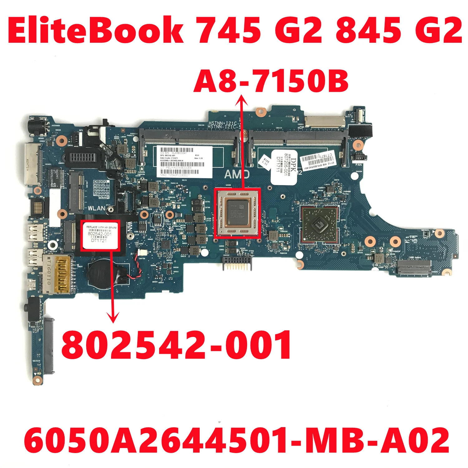 

802542-001 802542-501 802542-601 For HP EliteBook 745 G2 845 G2 Laptop Motherboard 6050A2644501-MB-A02 With A8-7150B 100% Tested