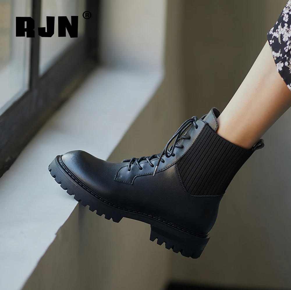 Harga RJN Nyaman Putaran Kaki Sepatu Bot Buatan Tangan Buatan Tangan Kulit Sapi Lace-Up Sepatu Wanita Modis Sepatu RO242
