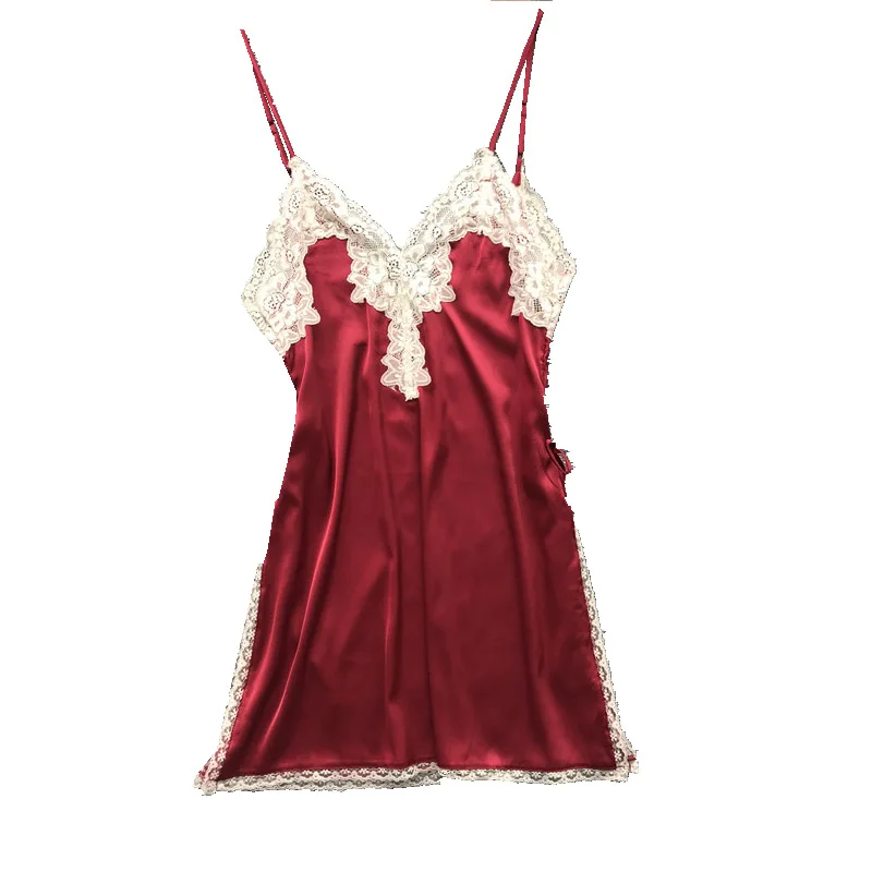 

Women Sexy V-Neck Side Split Backless Nightgown Vintage Lace Spaghetti Strap Nightdress Bow Bandage Sleepwear Lounge Home Dress