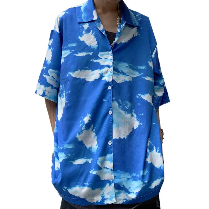 

2021 Summer Women Tops Harajuku Blouse Street Fashion Blue Sky Print Short Sleeve Blouses Casual Loose Shirts Female Streetwear