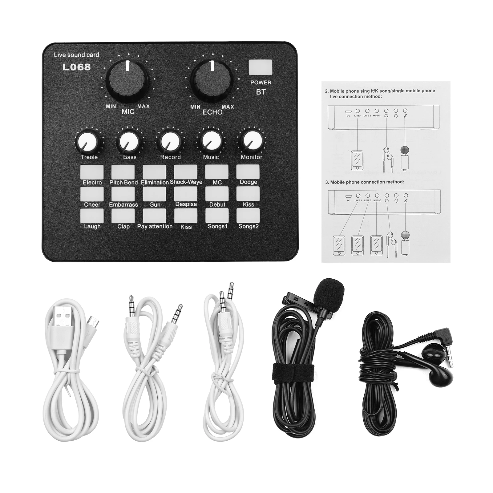 

Mini Rechargeable Live Sound Card BT Connection Voice Changer Device Built-in Multiple Sound Effects with Earphone Microphone