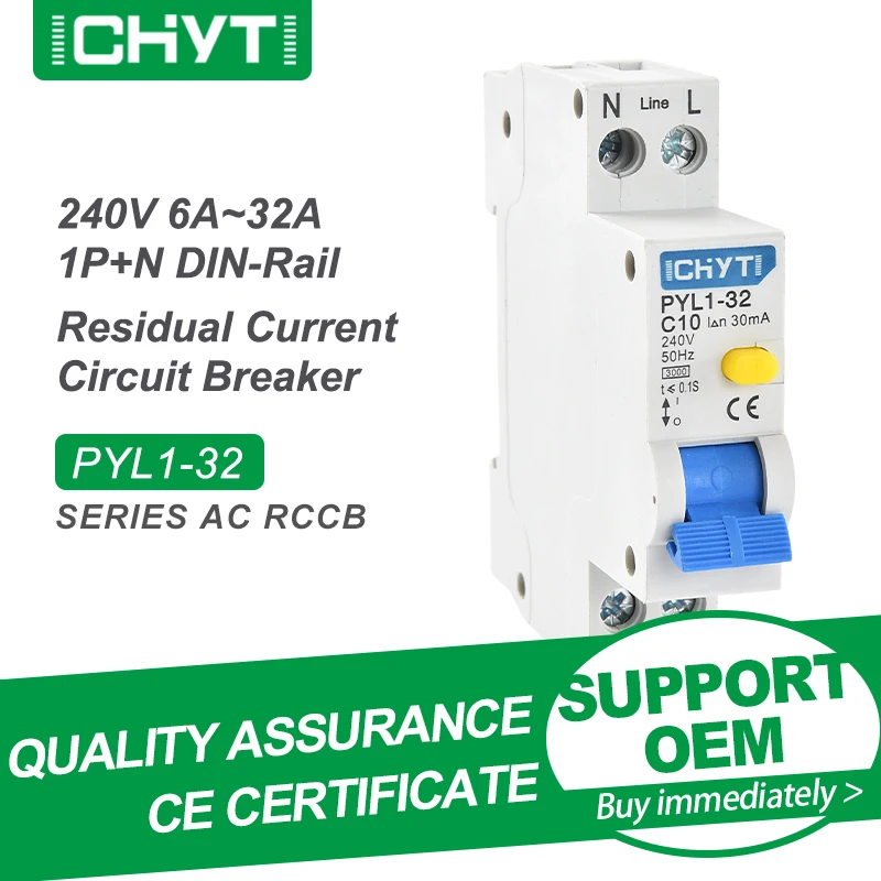 

Free Shipping CHYT PYL1-32 1P+N AC 240V 32A 30mA 3KA Residual Current Circuit Breaker Earth Automatic Electromagnetic RCCB