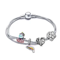 new fit pan rainbow unicorn charms bracelet men cz flower bee happy heart bead diy jewelry for women chains bangle kid xmas gift