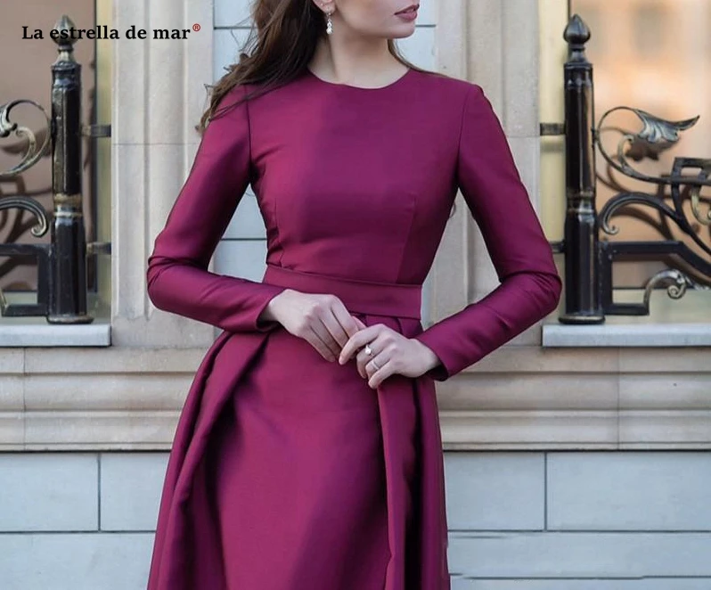 vestidos de fiesta largos elegantes gala new satin long sleeve A Line Fuchsia Arab Muslim Evening Gowns sukienka wieczorowa s | Свадьбы и