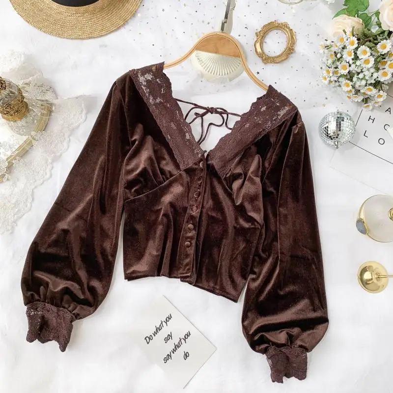 Новинка 2019 модная Женская Осенняя кружевная одежда с V-образным вырезом и пышными