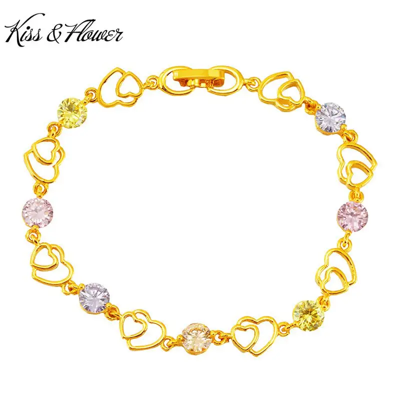 

KISS&FLOWER BR214 Fine Jewelry Wholesale Fashion Hot Woman Girl Bride Birthday Wedding Gift Heart AAA Zircon 24KT Gold Bracelet