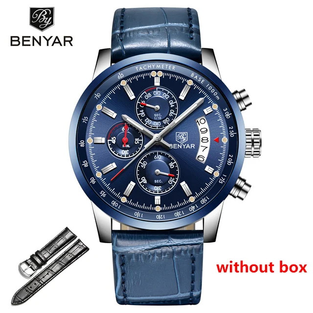 blue Новинка BENYAR Топ люксовый бренд мужские модные синие часы Мужские Бизнес Кварцевые хронограф кожаные Наручные часы Relogio Masculino - Цвет: blue