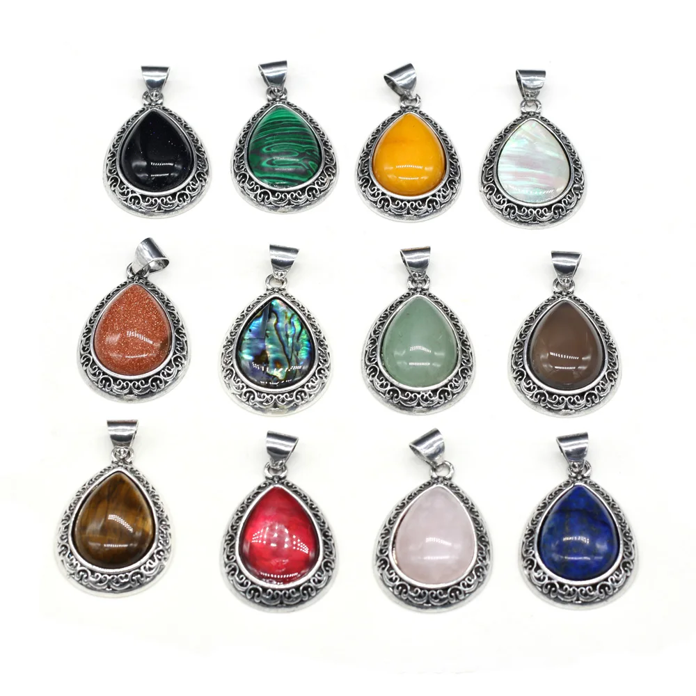 

Natural Agates Stone Pendant Water Drop Shaped Malachites Abalone Shell Pendant Charms for Making Women Jewelry Gift 24x40mm