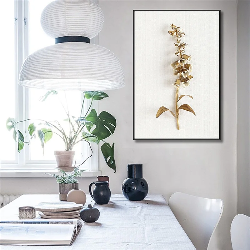 

Abstract Golden Plants Leaves Canvas Painting Nordic White Flower Poster Wall Art Print Picture Modern Living Room Home Decor