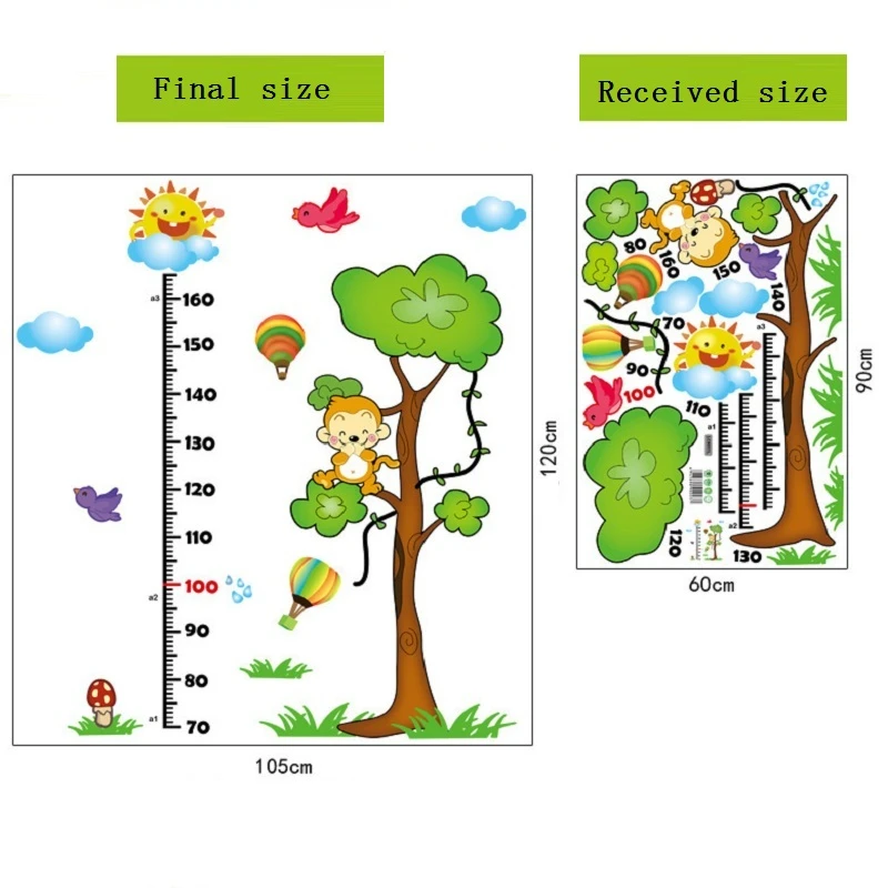 

Cute Monkey Tree Growth Chart Wall Stickers For Kids Room Home Decoration Cartoon Animals Mural Art Height Measure Wall Decals