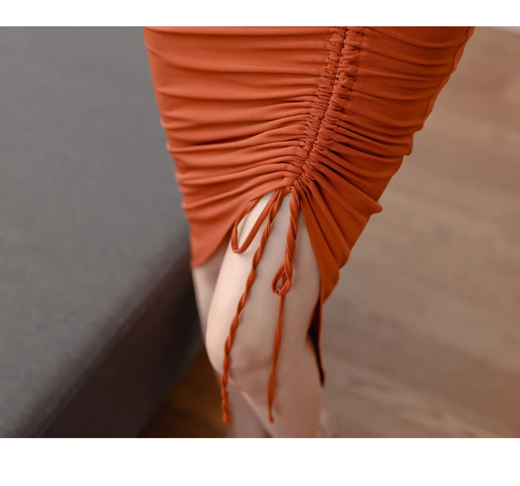 

Korea Ladies Slim Mid-Calf Wrinked Vestidos Sexy Off Shoulder Bodycon Irregular Orange Party Dresses