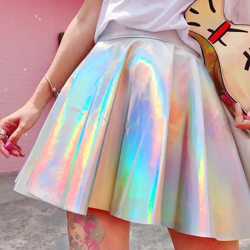 Ulzzang Harajuku флуоресцентная мини юбка из искусственной кожи металлическая