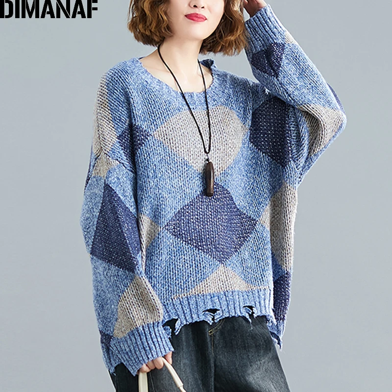 Женский трикотажный свитер DIMANAF Повседневный пуловер лоскутного покроя в клетку