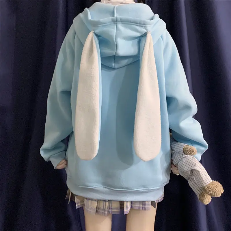 

Women Hoodies Winter 2020 Fashion Kawaii Rabbit Ears Sweatshirt Long Sleeve Loose Embroidery Zip Up Hoodie