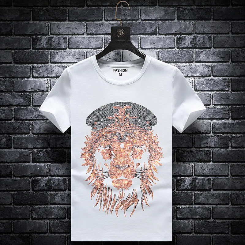 Plus Size 7XL 2021 Lion Rhinestones T Shirts Men Summer Clothes Short Sleeve Man Streetwear O Neck Slim Tshirts Camiseta Hombre