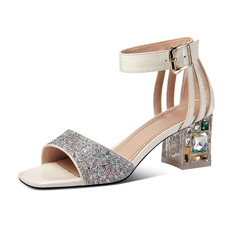 

QUTAA 2021 Square Med Heels Female Leather All Match Sandals Open Toe Buckle Summer Basic Women Shoes Big Size 34-42