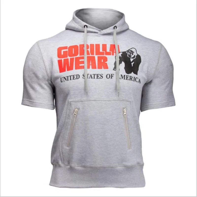 

2019 Men Running Hoodies Sweatshirt Sportswear Zipper Neck Hoodies Sport Short Sleeve Men's Slim Fitness Hooded Jackets Tops