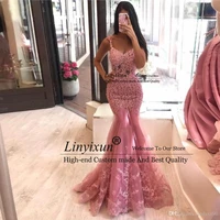 pink beaded mermaid prom dresses v neck lace appliqued evening gowns plus size sweep train tulle formal prom dress