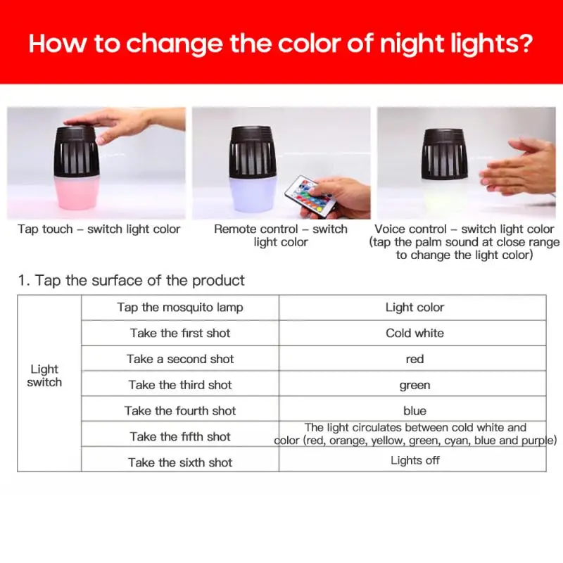 

Camping Mosquito Killer With Remote Control And Voice Control 17 Colors Of Light USB Available For Women And Infants Home