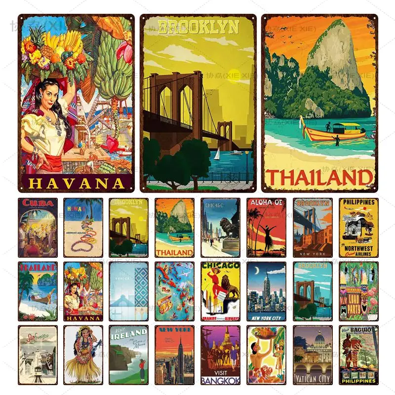 

City Buildings Landscape Metal Tin Sign Plaque Decorative Plate Metal Wall Decor For Office House Hotel Iron Paintings