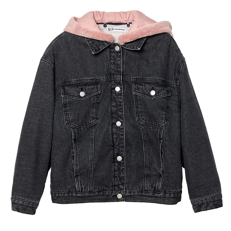 Женская джинсовая куртка с начесом LEIJIJEANS, теплая стильная куртка с розовым капюшоном, новая молодежная модель 9226R большого размера на зиму