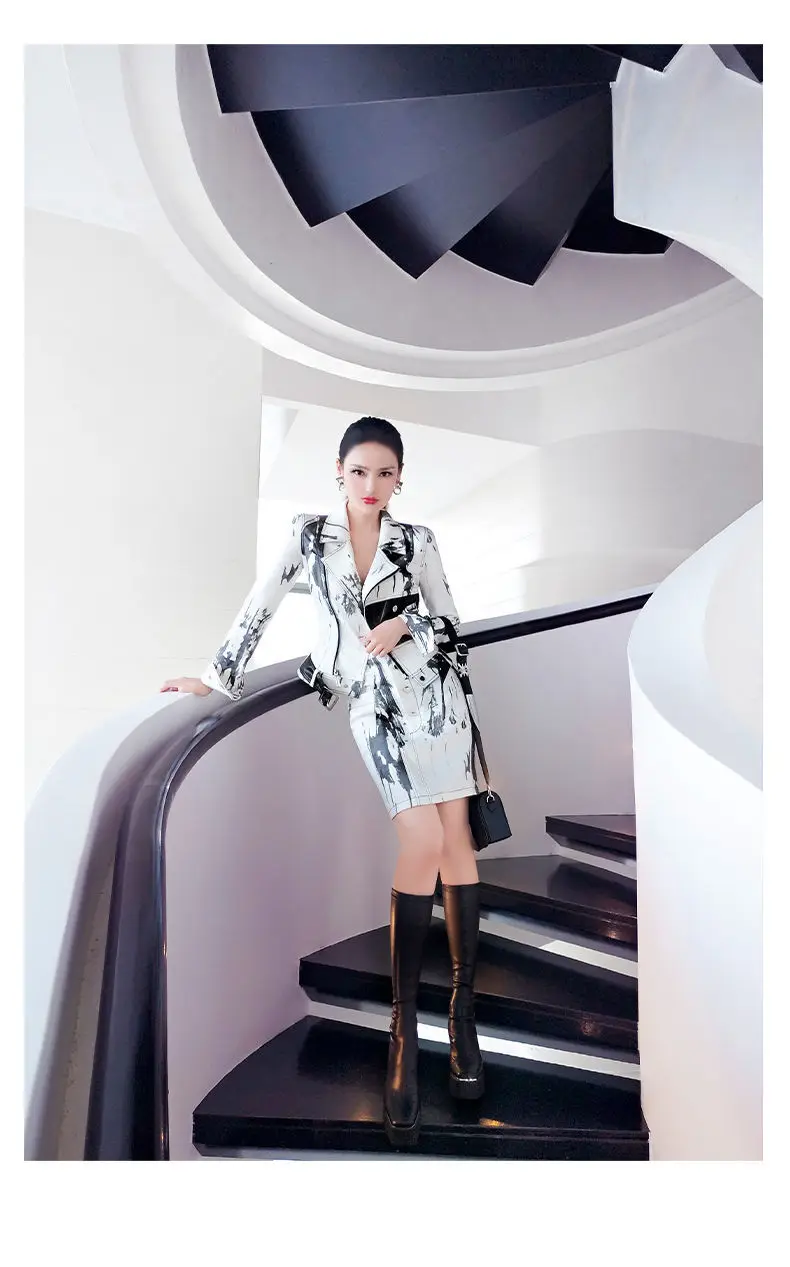 

Women 2021 Spring Autumn Fashion Print 2 Piece Set Female Long Sleeve Jacket Coat and Short Mini Skirt Sets Slim Outfits Z366