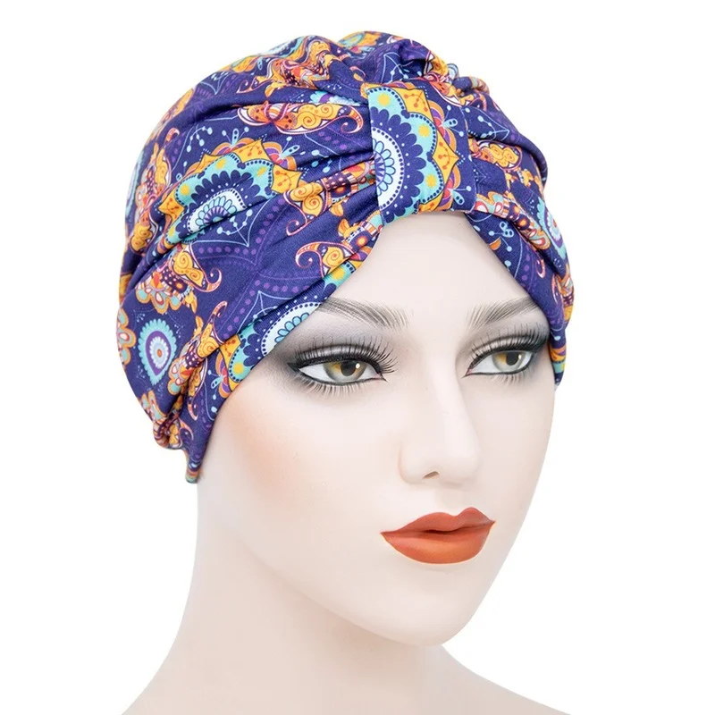 

Tide Women Turban Headband Hot Selling Forehead Cross Printed Indian Hat Pastoral Weathering Treatment Hat Muslim National Hat