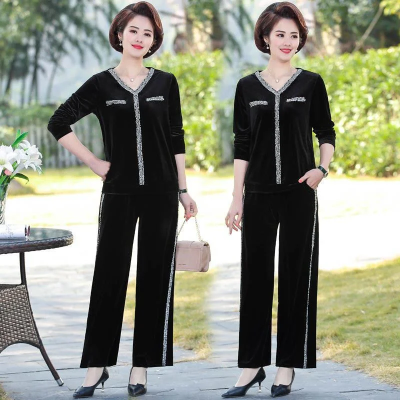 

2021 Autumn Large Size Long Sleeve Tops + Trousers 2PCS Middle-aged Women Pants Suit Female Fashion Elegant Pants Set 5XL