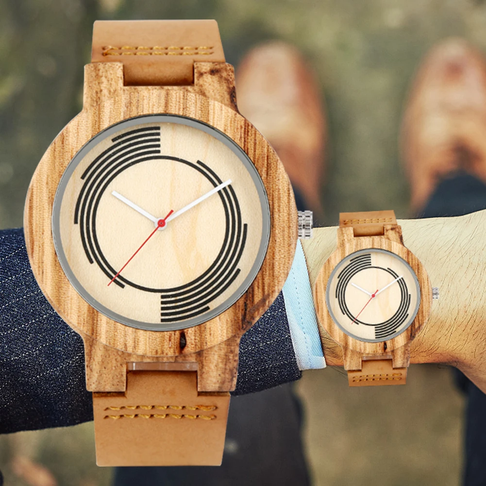 Часы наручные мужские с деревянным ремешком модные коричневые кожаным в полоску