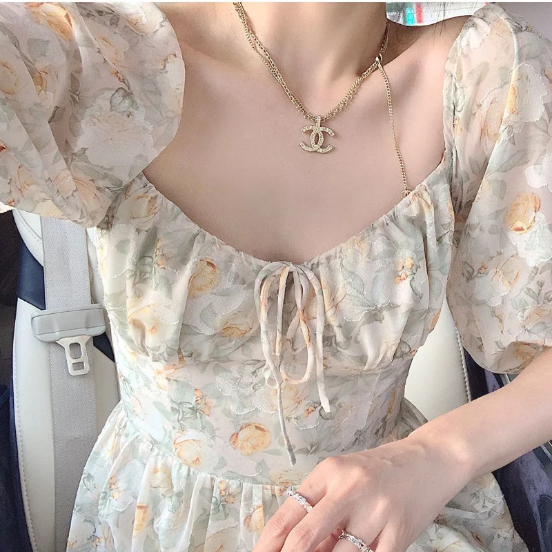 

Women Elegant French Designer Sexy V-Neck Midi Dress Summer Vintage Floral Dresses Casual Sweet Chiffon Beach Fairy Dress 2021