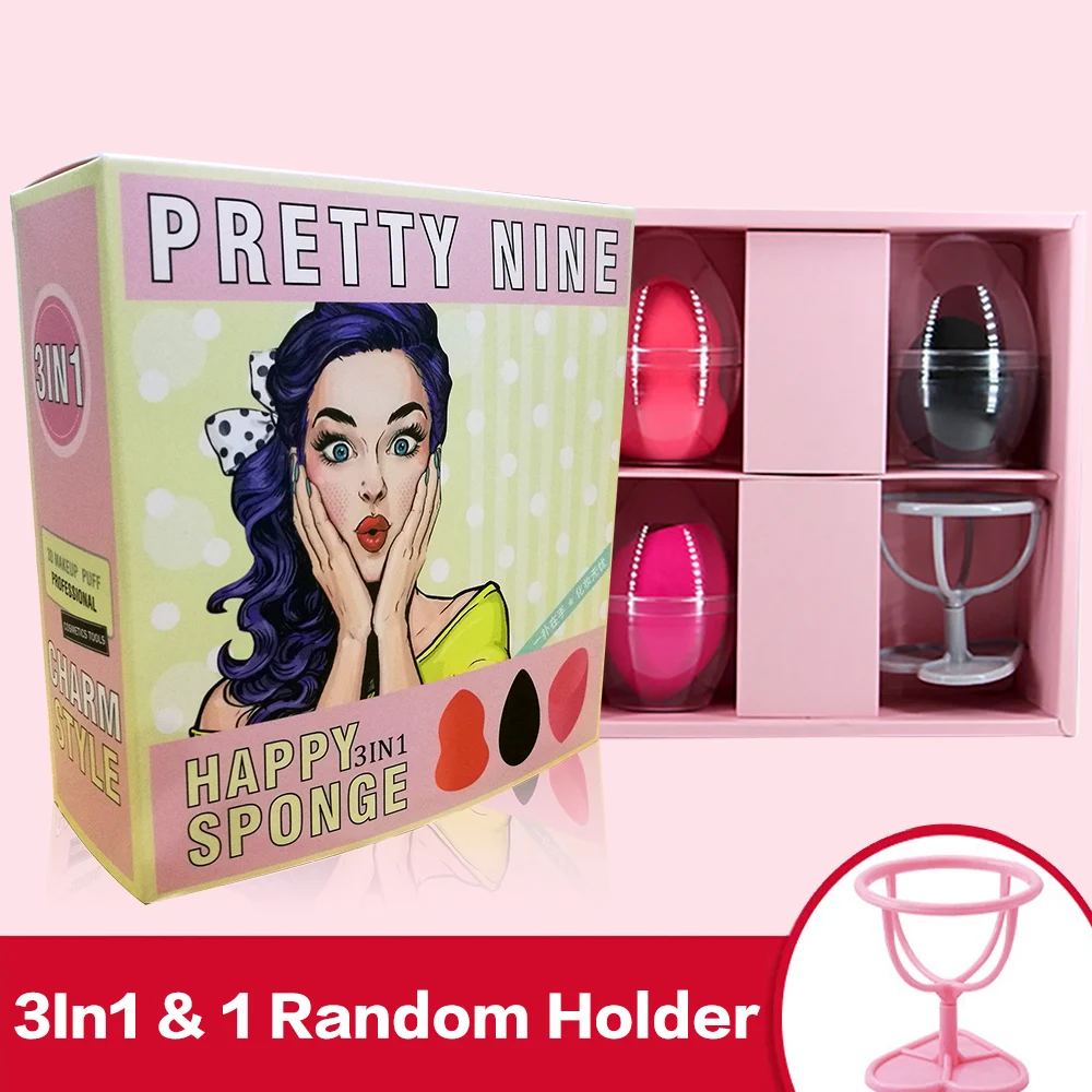

3pcs 3Shapes New Cosmetic Makeup Puff Set With 1Holder Facial Make Up Puff Kit Nice Gift Box For Girls Party Chistmas New Year