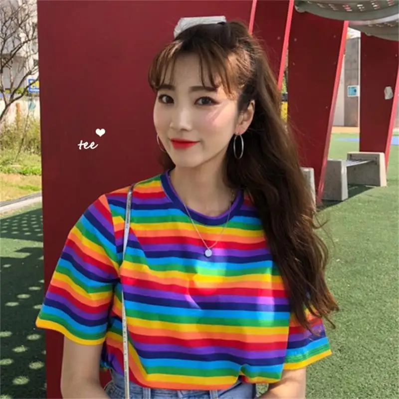 Женская одежда 2020 Повседневная Свободная футболка в радужную полоску женские