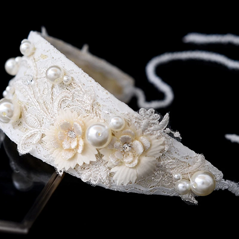 

2021 New Vintage Embroidery Floral Lace Wedding Headband Pearl Beading Jewelry Hairband